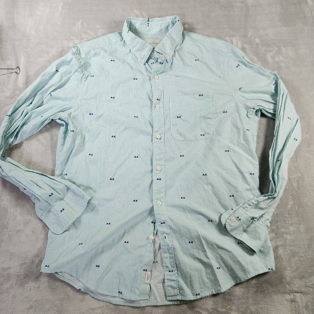 American Eagle Shirt Mens Large Green Striped Long Sleeve Button Up AE AOP‎
